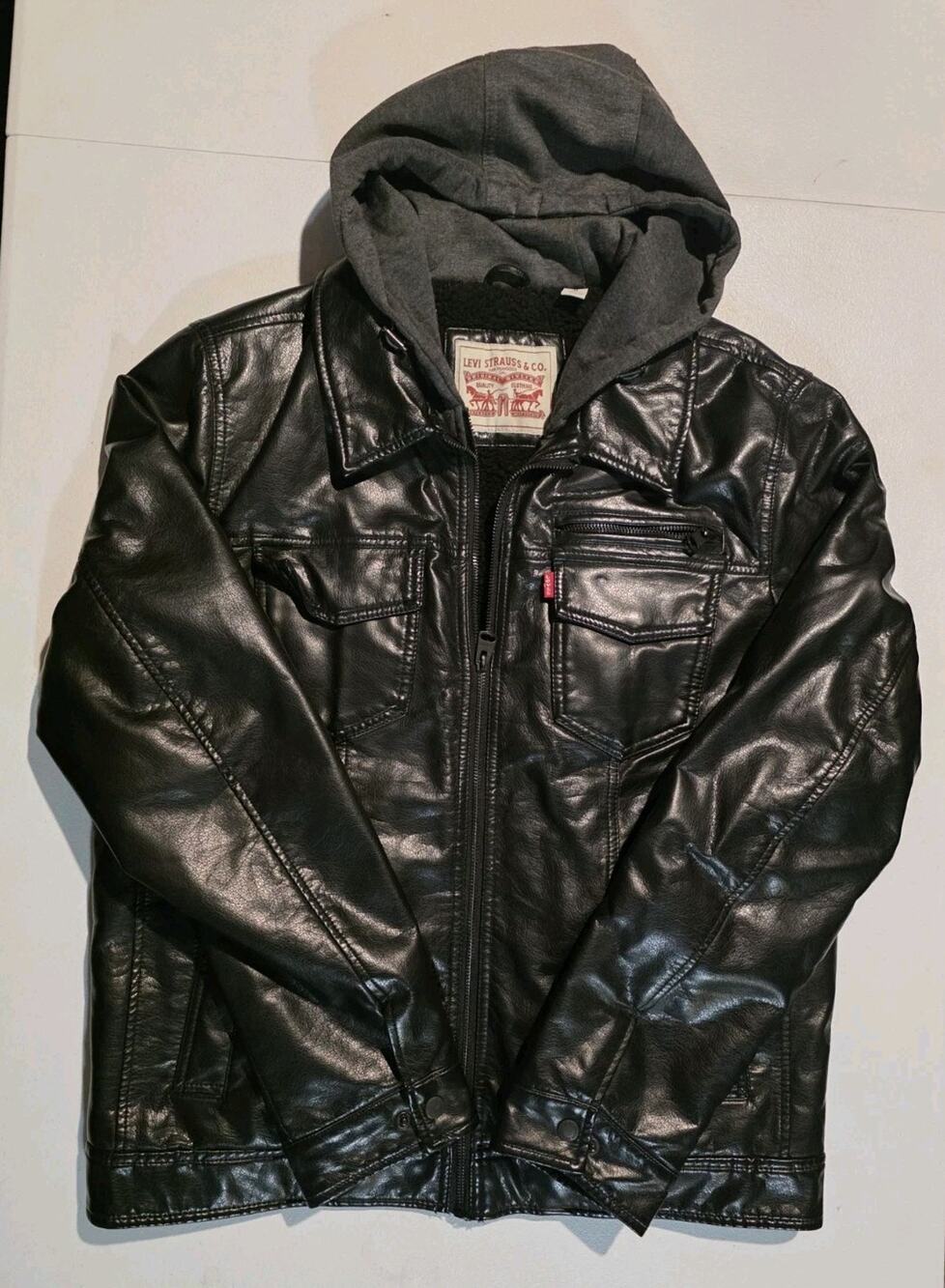 Levi Strauss & Co. Men's Black Hooded Faux Leather Lined Full Zip Jacket M